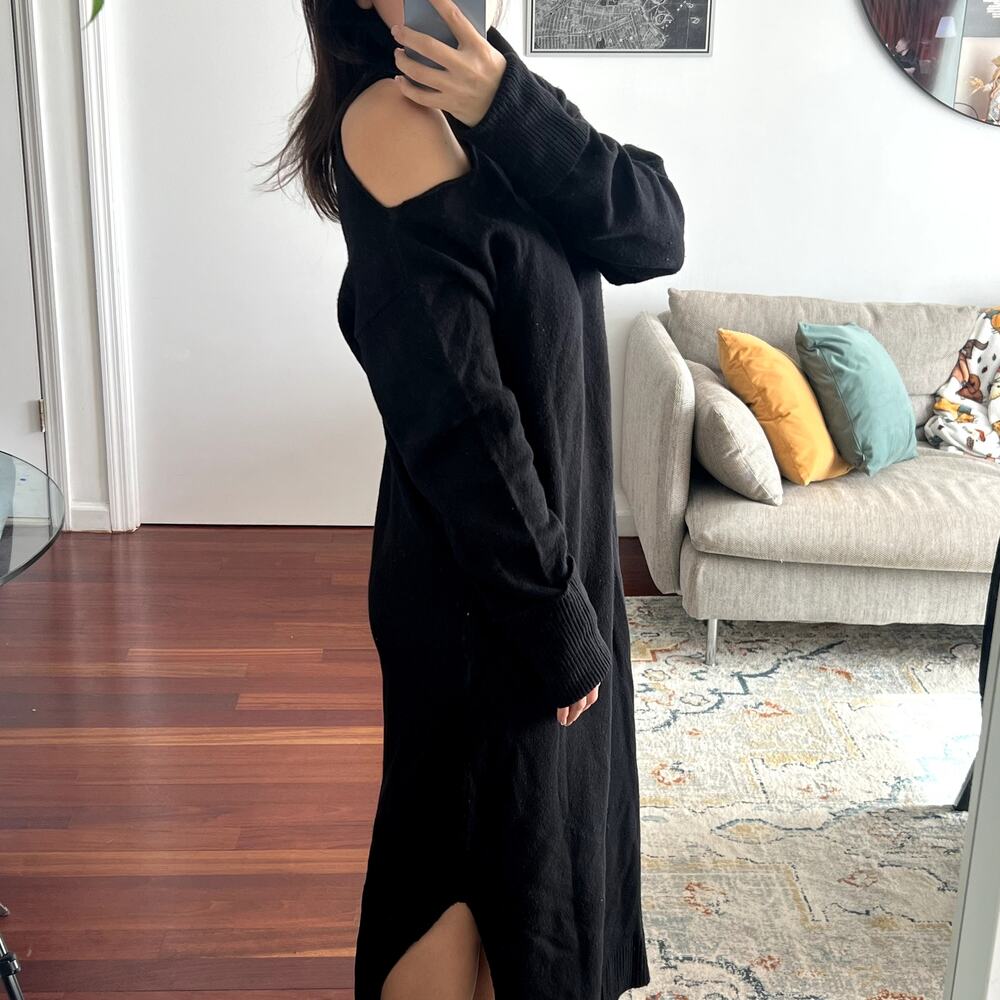 Paige Raundi Sweater Dress Black Wool Midi Turtleneck Cold Shoulder size L - Picture 3 of 8